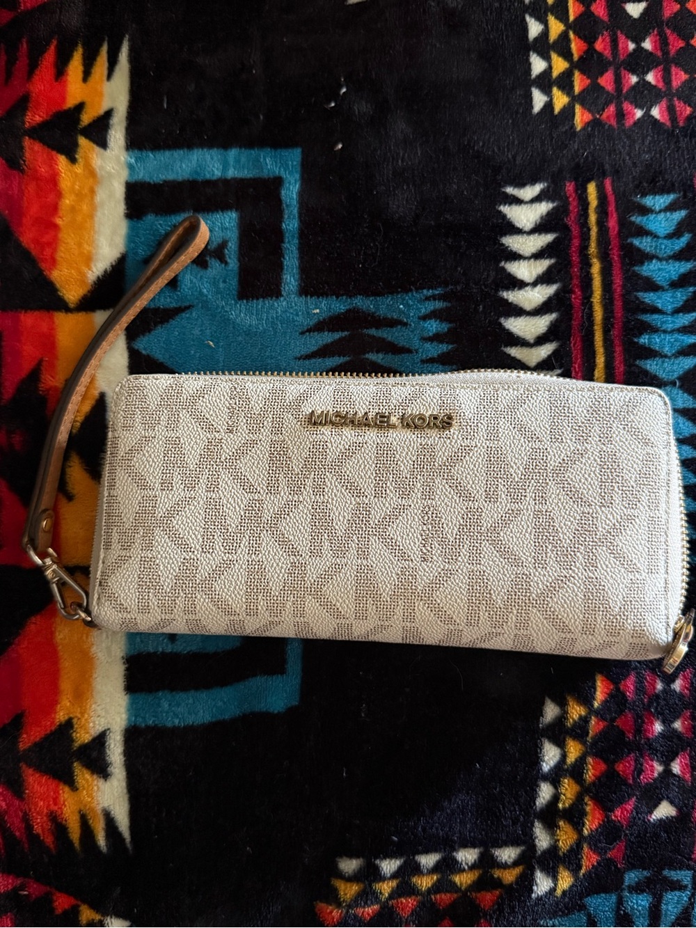 Michael Kors Beige Logo Zip Wristlet with Gold Hardware